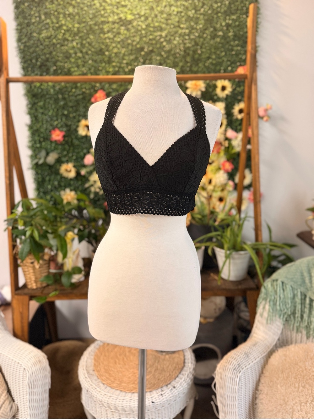 aerie Black Crochet Lace Bralette with Floral Banding